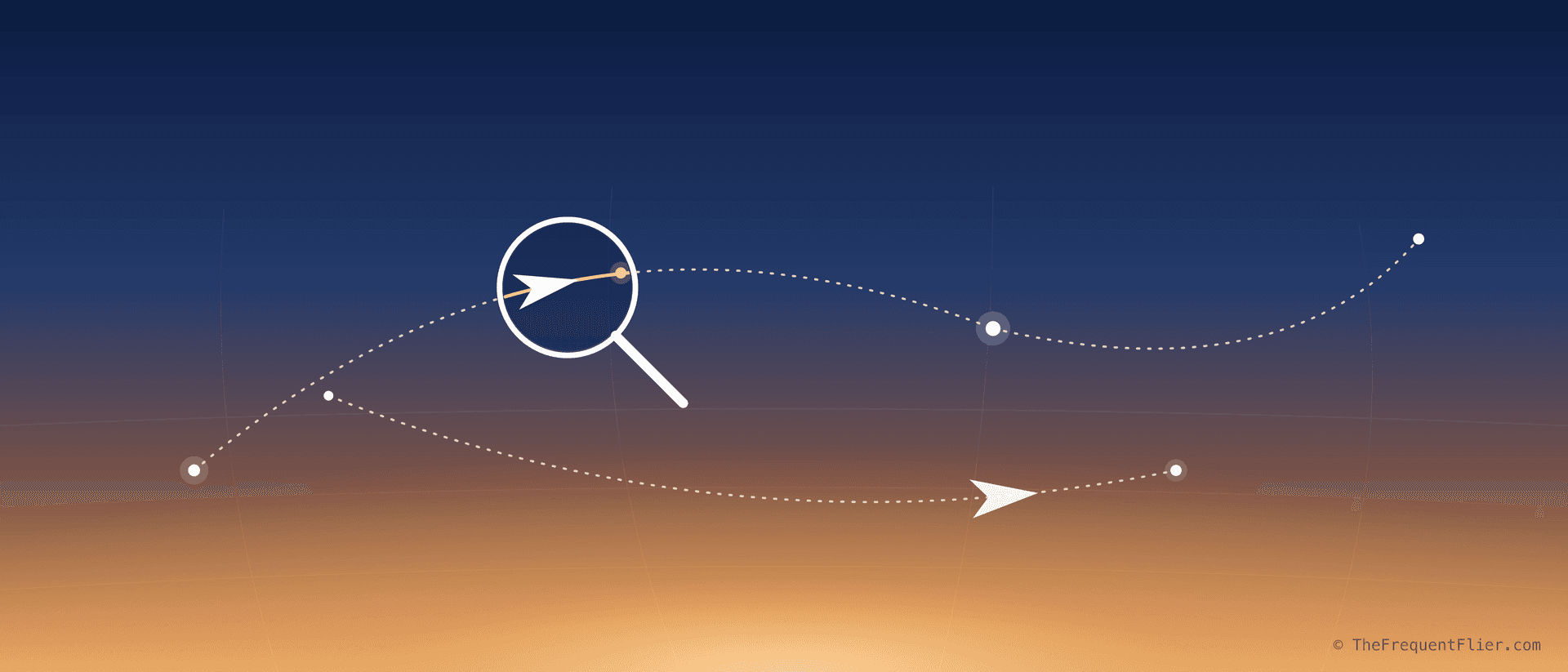 An editorial illustration of dashed flight-path arcs over a faint globe graticule at dawn, with a magnifying glass focused on a single route and fare.