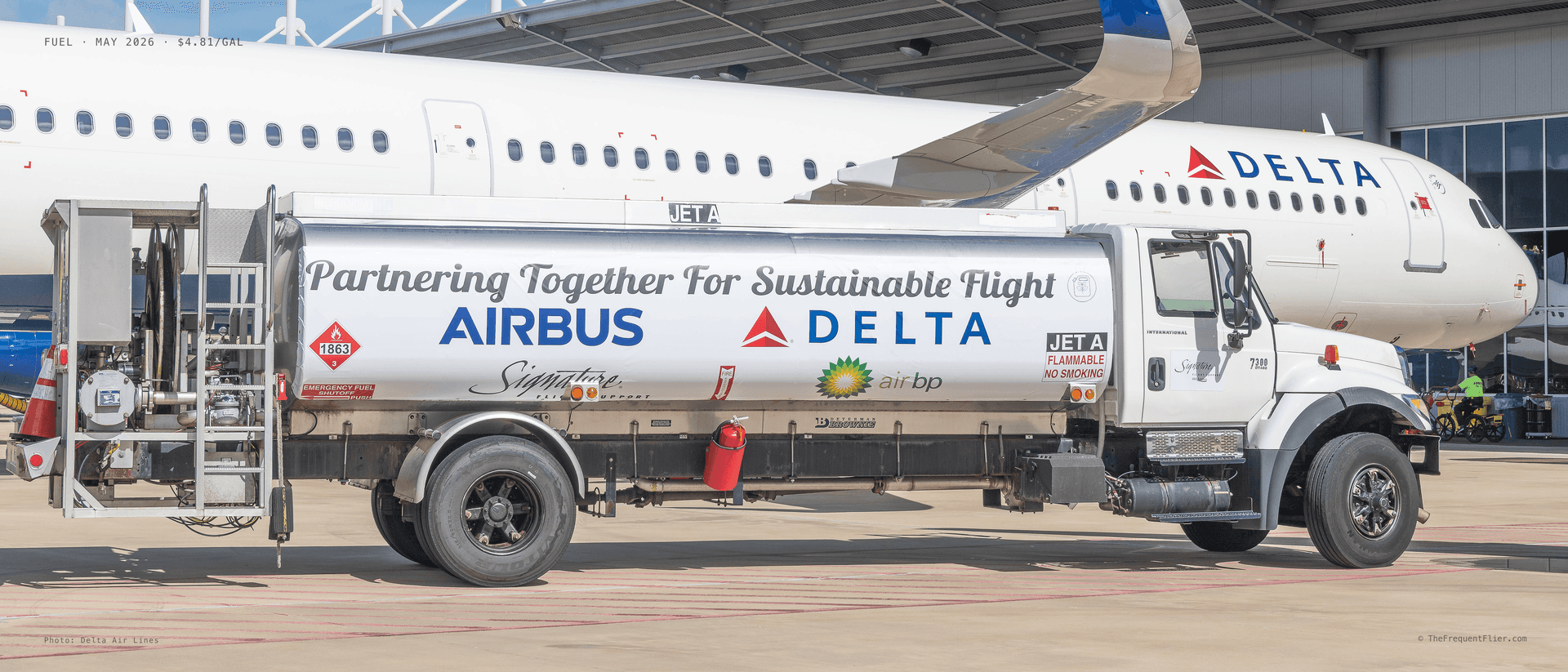 A Delta Air Lines fuel truck parked beside a Delta aircraft on the ramp.